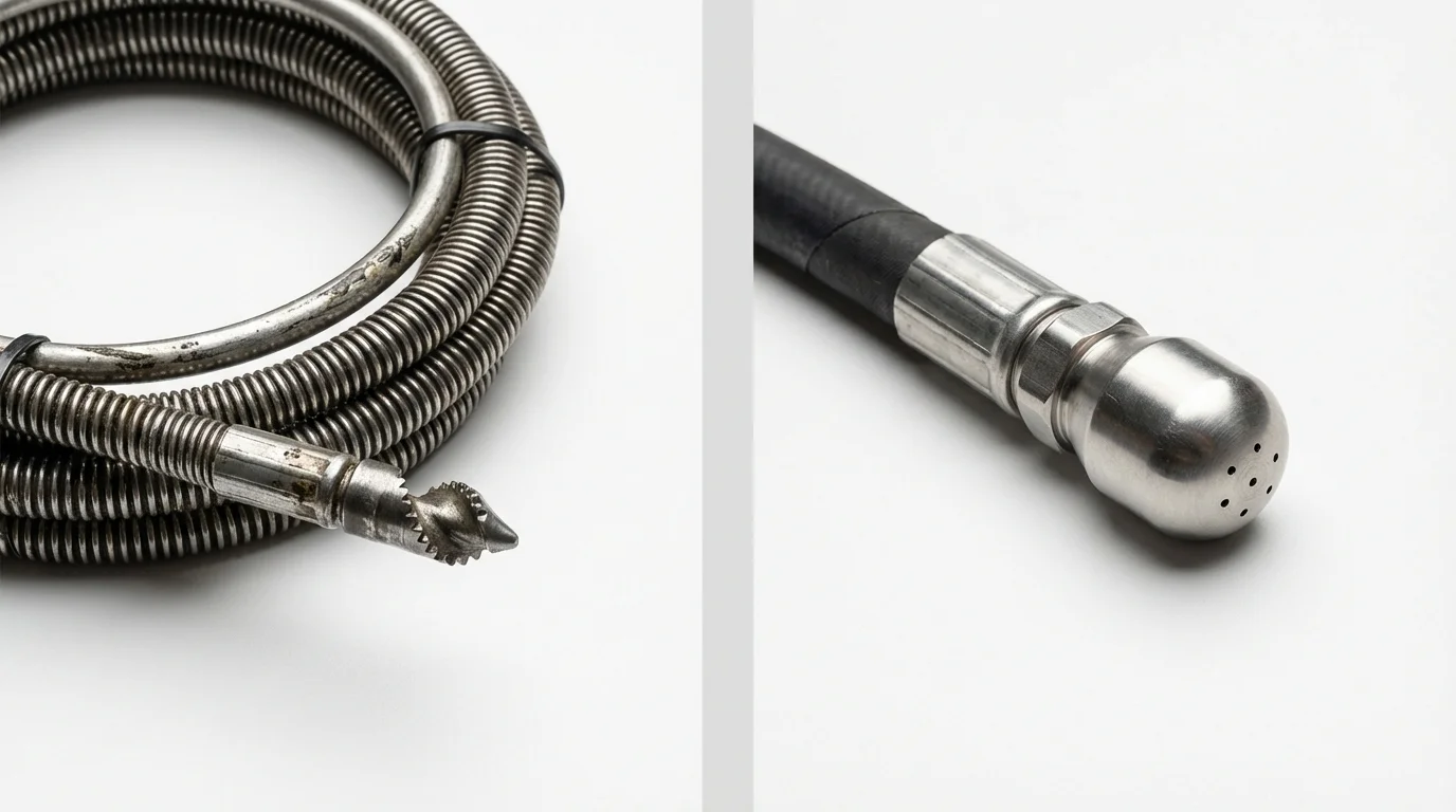 Drain snake cable and hydro jetting nozzle used for drain cleaning in Mead, WA