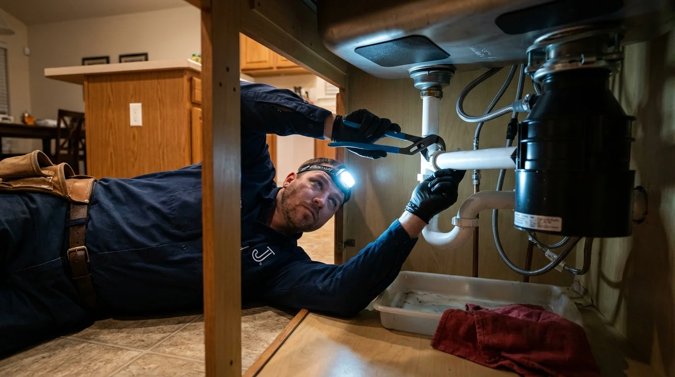 P-trap and supply line connections under a kitchen sink showing a common leak point in Mead, WA